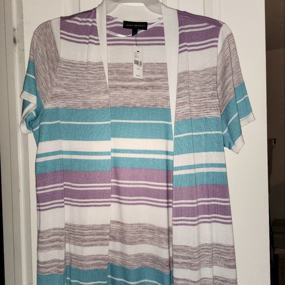 Open-Front Stripe Cardigan - short sleeve. - Picture 1 of 3